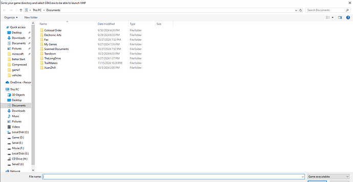 Go to your game directory and select GTA5.exe to be able to launch VMP 12_12_2024 6_25_23 PM